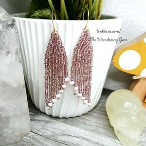 Pink & White Beaded Fringe Cascade Shoulder Duster Dangle Earrings, 3.5"